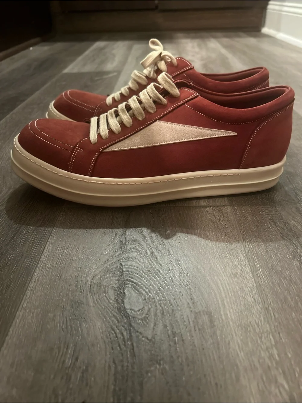 Rick Owens Low-Top Sneakers in Burgundy and Cream